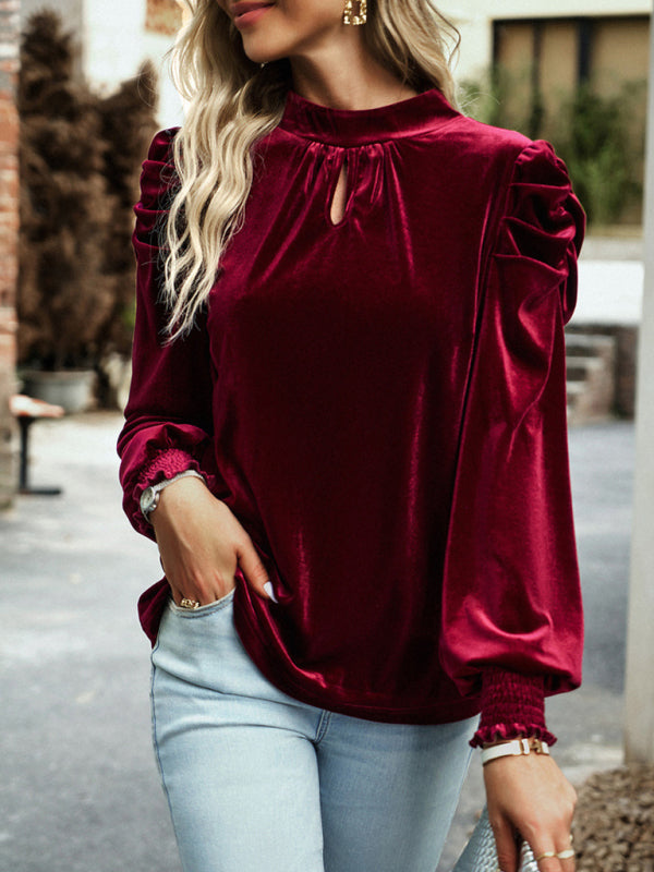 Women's gold velvet turtleneck bow puff sleeve shirt - Closther