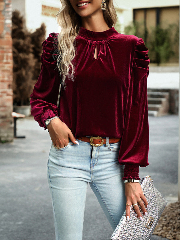 Women's gold velvet turtleneck bow puff sleeve shirt - Closther