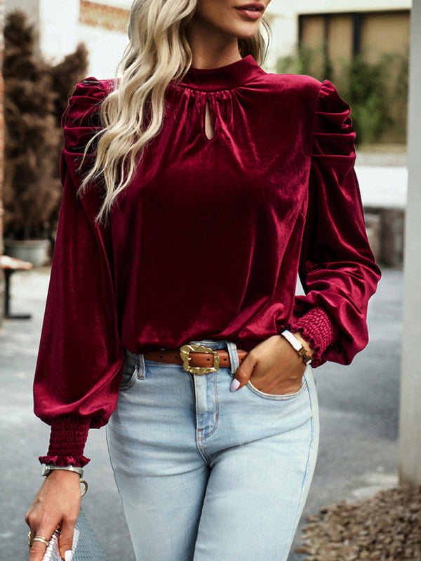 Women's gold velvet turtleneck bow puff sleeve shirt - Closther