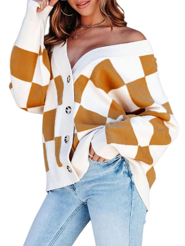 Cardigan ample à carreaux pour femme 