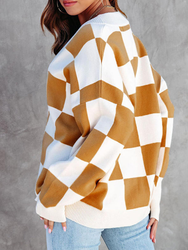 Cardigan ample à carreaux pour femme 