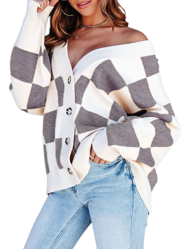 Cardigan ample à carreaux pour femme 