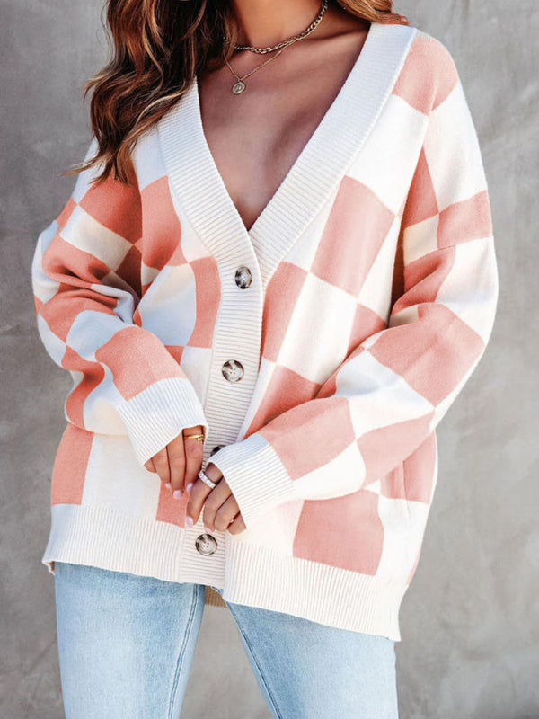 Cardigan ample à carreaux pour femme 