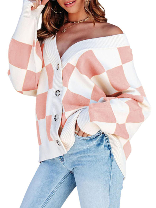 Cardigan ample à carreaux pour femme 