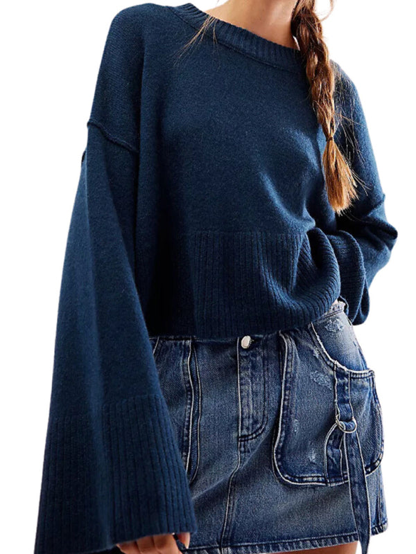 Women's New Solid Color Round Neck Bell Sleeve Pullover Simple Fashion Sweater