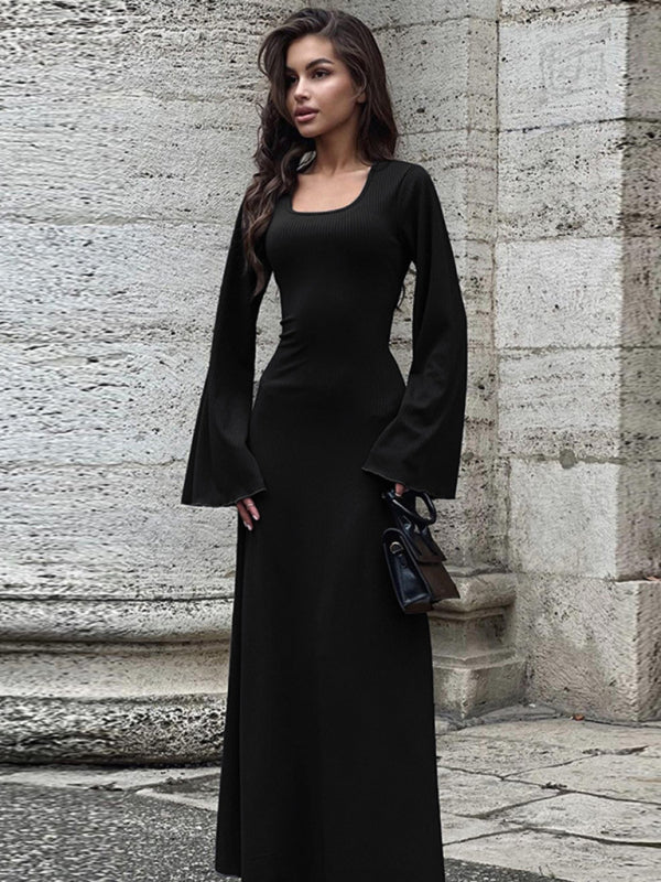 Feminines, langärmeliges Kleid mit U-Ausschnitt und Bindeband im Rücken 