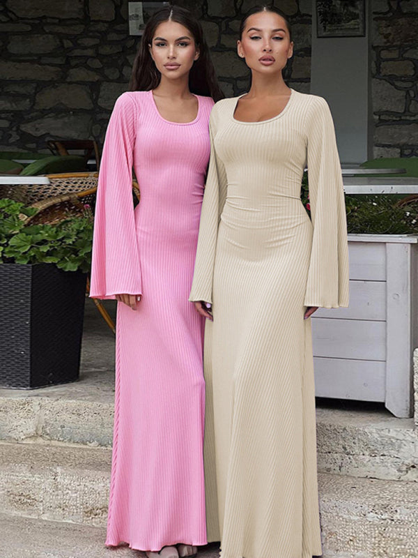 Feminines, langärmeliges Kleid mit U-Ausschnitt und Bindeband im Rücken 