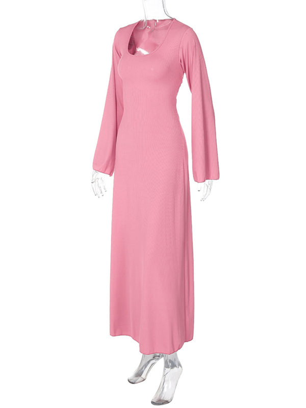 Feminines, langärmeliges Kleid mit U-Ausschnitt und Bindeband im Rücken 