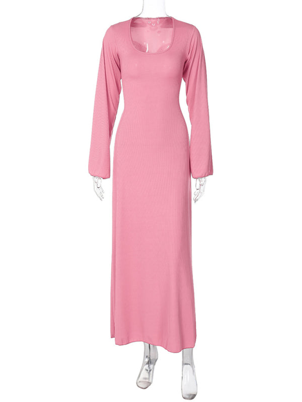 Feminines, langärmeliges Kleid mit U-Ausschnitt und Bindeband im Rücken 