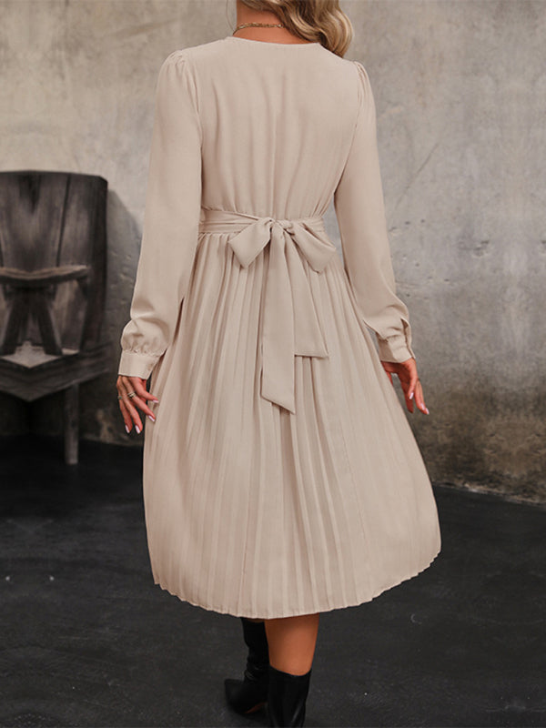 New women's long sleeve solid color pleated waist dress - Closther