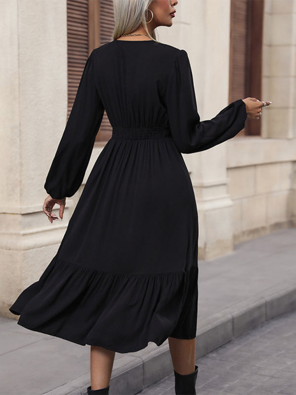 New women's long-sleeved solid color V-neck waist dress - Closther