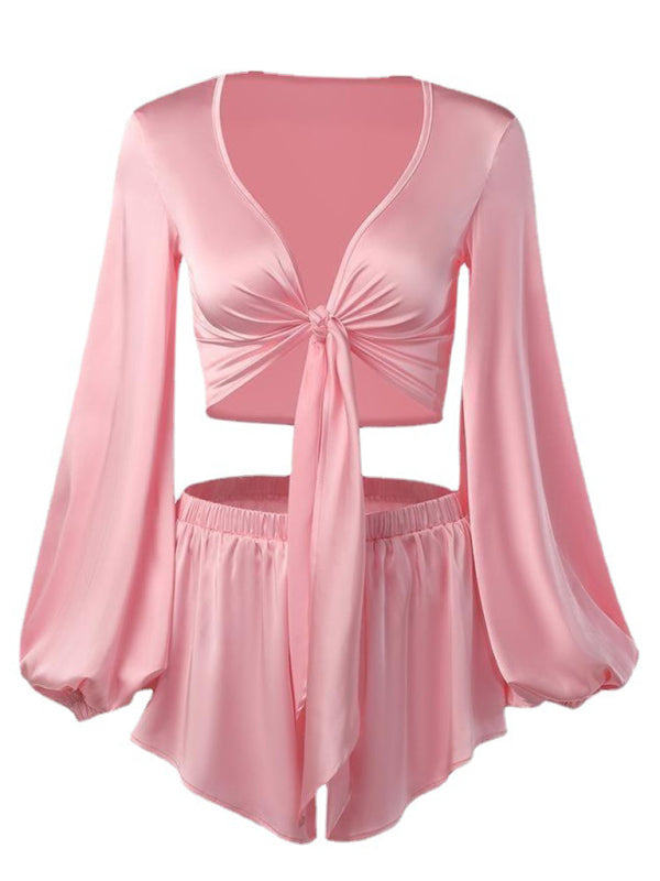 Neues Oberteil mit Laternenärmeln und V-Ausschnitt, sexy Shorts-Set im Urlaubsstil mit bauchfreiem Trägerkleid 