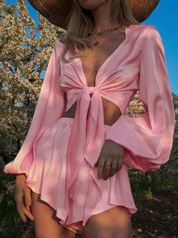 Neues Oberteil mit Laternenärmeln und V-Ausschnitt, sexy Shorts-Set im Urlaubsstil mit bauchfreiem Trägerkleid 