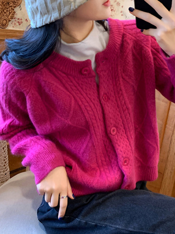 New retro gentle solid color round neck twist knitted cardigan loose short sweater jacket