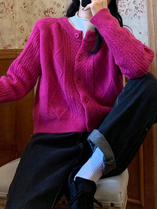 New retro gentle solid color round neck twist knitted cardigan loose short sweater jacket