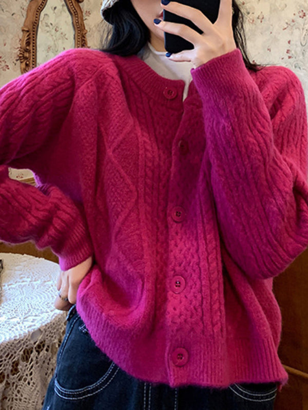 New retro gentle solid color round neck twist knitted cardigan loose short sweater jacket