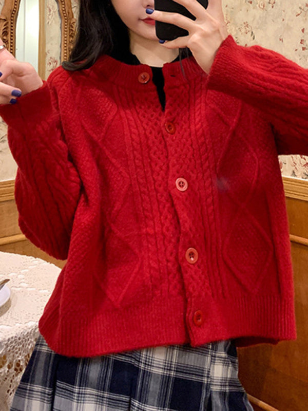 New retro gentle solid color round neck twist knitted cardigan loose short sweater jacket