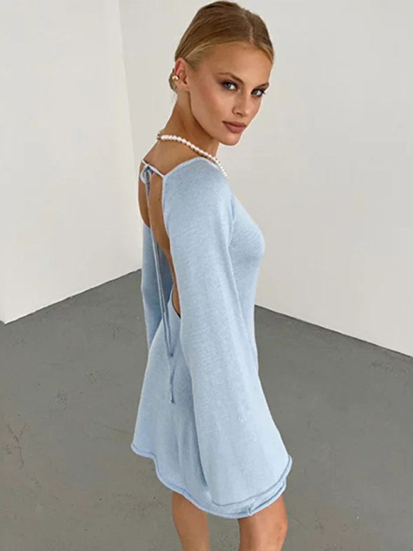 Women's New Sexy Backless Bell Sleeve Loose Beach Vacation Dress
