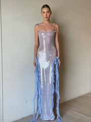 Women's sexy long dress with sequined ear-trimmed three-dimensional flower suspender dress