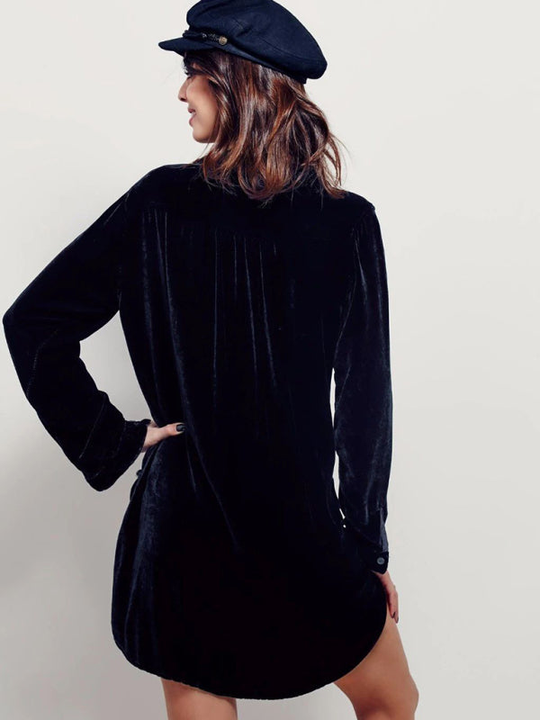 Robe-chemise décontractée unie en velours doré à col en V et manches longues, ample, nouvelle couleur. 