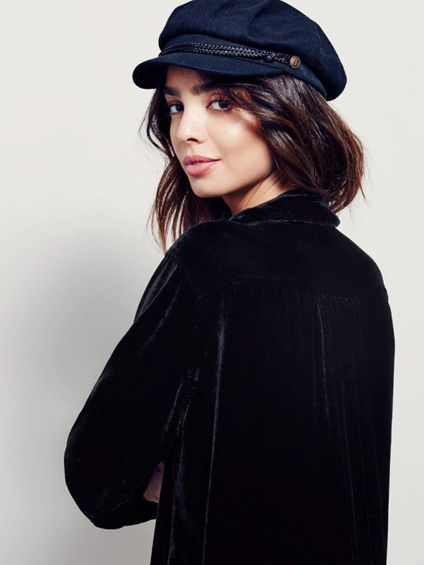 Robe-chemise décontractée unie en velours doré à col en V et manches longues, ample, nouvelle couleur. 