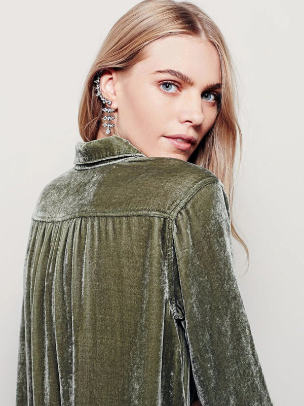 Robe-chemise décontractée unie en velours doré à col en V et manches longues, ample, nouvelle couleur. 