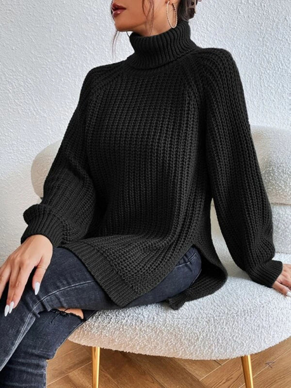 Lässiger Damen-Rollkragenpullover mit Schlitz, locker geschnitten 
