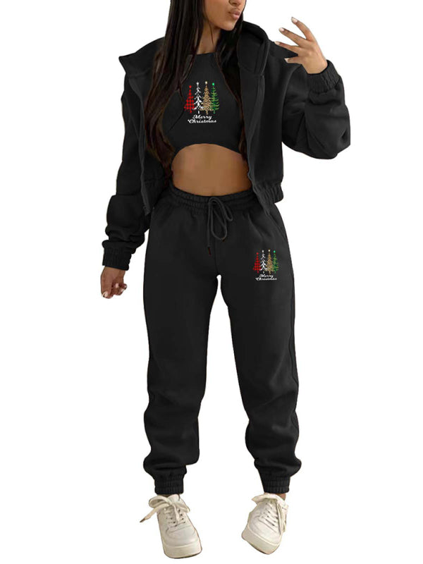 Neuer Samt-Sweatshirt-Hoodie mit Weihnachtsbaum-Print, Sport- und Freizeitanzug (dreiteiliges Set) 
