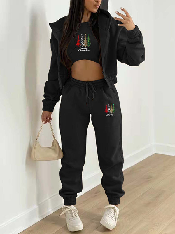 Neuer Samt-Sweatshirt-Hoodie mit Weihnachtsbaum-Print, Sport- und Freizeitanzug (dreiteiliges Set) 