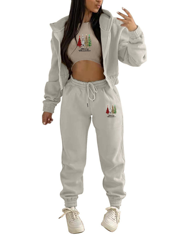 Neuer Samt-Sweatshirt-Hoodie mit Weihnachtsbaum-Print, Sport- und Freizeitanzug (dreiteiliges Set) 