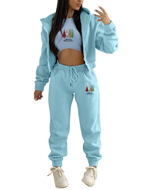 Neuer Samt-Sweatshirt-Hoodie mit Weihnachtsbaum-Print, Sport- und Freizeitanzug (dreiteiliges Set) 