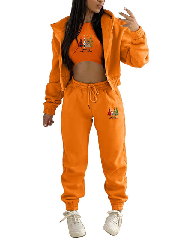 Neuer Samt-Sweatshirt-Hoodie mit Weihnachtsbaum-Print, Sport- und Freizeitanzug (dreiteiliges Set) 