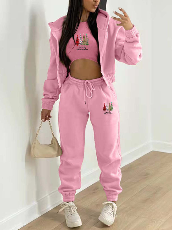 Neuer Samt-Sweatshirt-Hoodie mit Weihnachtsbaum-Print, Sport- und Freizeitanzug (dreiteiliges Set) 