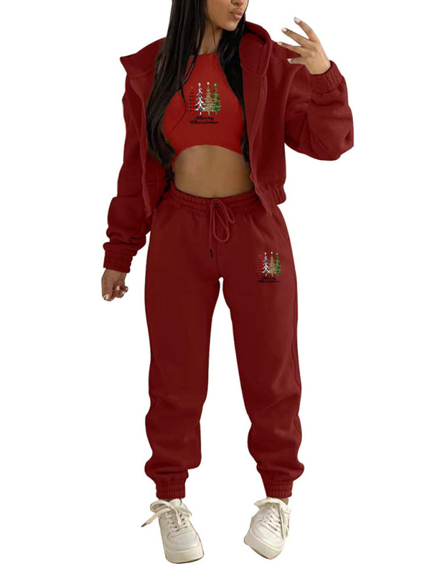 Neuer Samt-Sweatshirt-Hoodie mit Weihnachtsbaum-Print, Sport- und Freizeitanzug (dreiteiliges Set) 