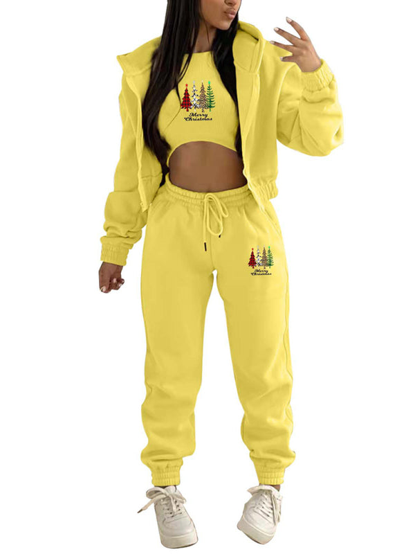 Neuer Samt-Sweatshirt-Hoodie mit Weihnachtsbaum-Print, Sport- und Freizeitanzug (dreiteiliges Set) 