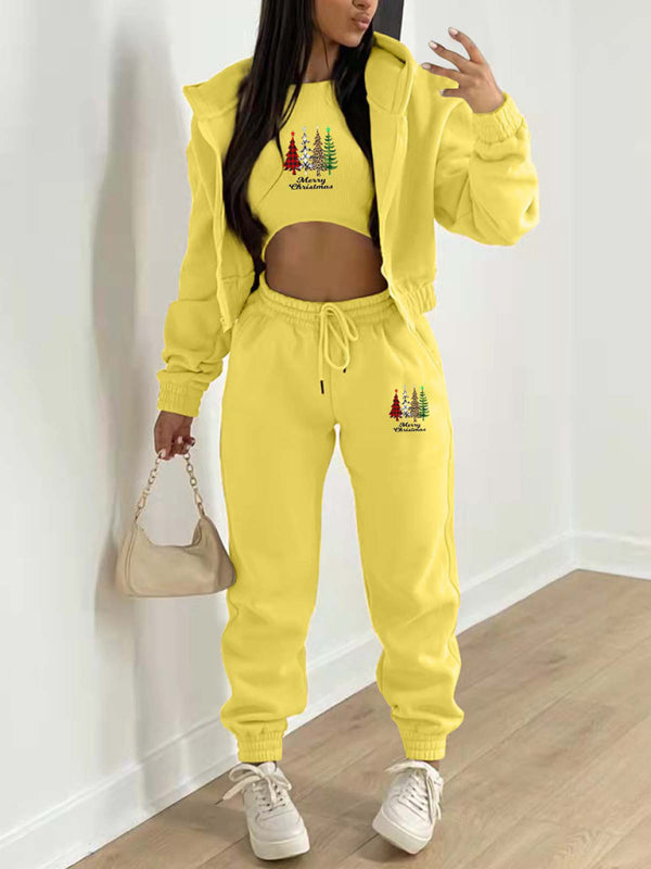 Neuer Samt-Sweatshirt-Hoodie mit Weihnachtsbaum-Print, Sport- und Freizeitanzug (dreiteiliges Set) 