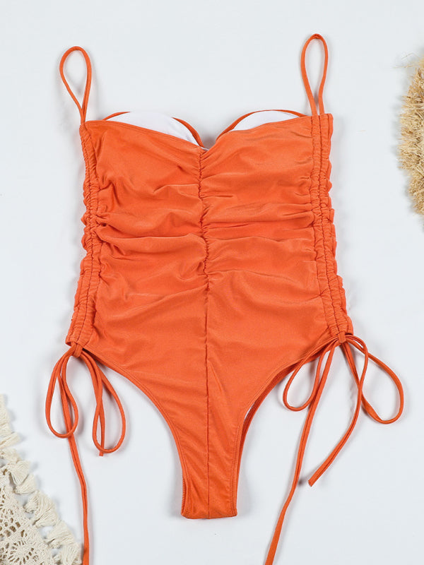 Neuer einteiliger Badeanzug mit Kordelzug, einfarbig, plissiert, sexy Strapsen-Bikini 