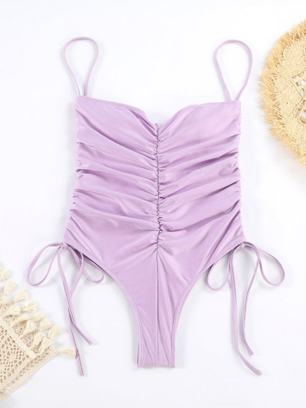 Neuer einteiliger Badeanzug mit Kordelzug, einfarbig, plissiert, sexy Strapsen-Bikini 