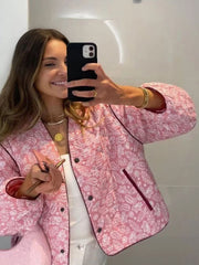 Nouveau manteau en coton patchwork rose imprimé pour femme, coupe ample. 