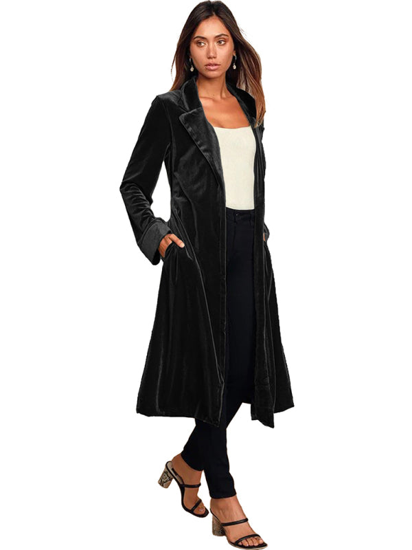 Damen-Blazer aus goldfarbenem Samt mit langem Revers 