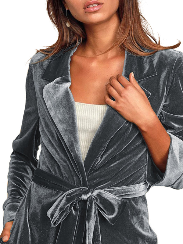 Damen-Blazer aus goldfarbenem Samt mit langem Revers 
