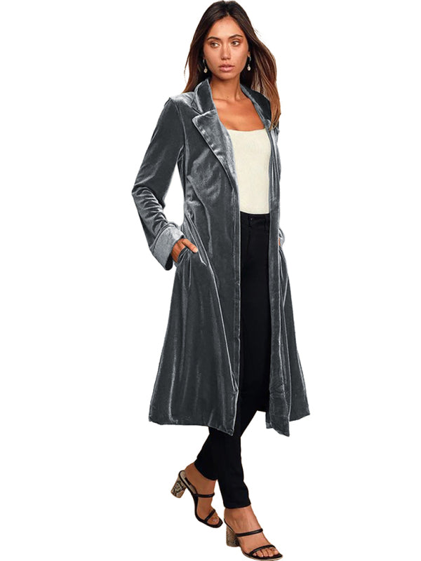 Damen-Blazer aus goldfarbenem Samt mit langem Revers 