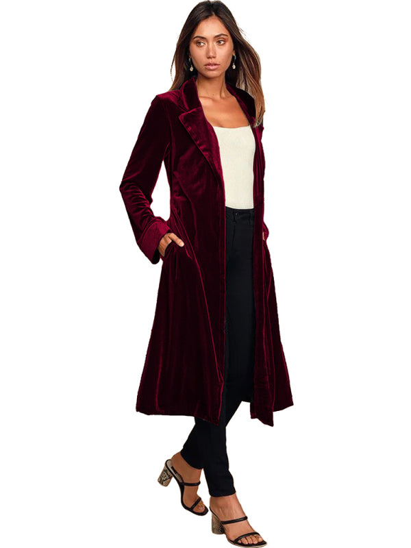 Damen-Blazer aus goldfarbenem Samt mit langem Revers 