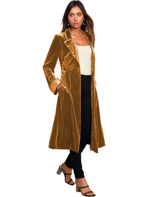 Damen-Blazer aus goldfarbenem Samt mit langem Revers 