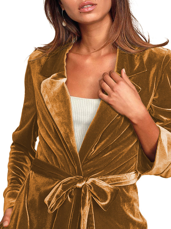 Damen-Blazer aus goldfarbenem Samt mit langem Revers 