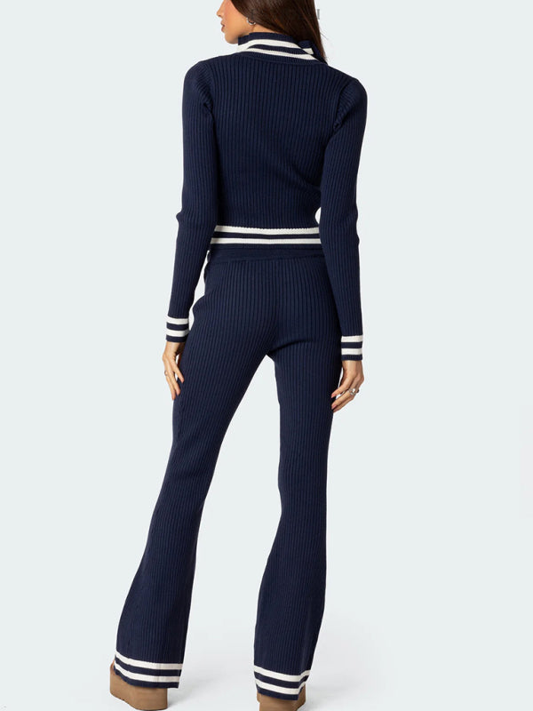Zweiteiliges Set aus Damen-Crop-Top mit Reißverschluss und hochtaillierter, weit geschnittener Hose 