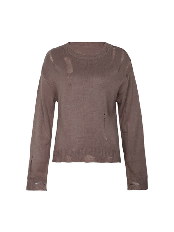 New women's solid color hollow sweater - Closther