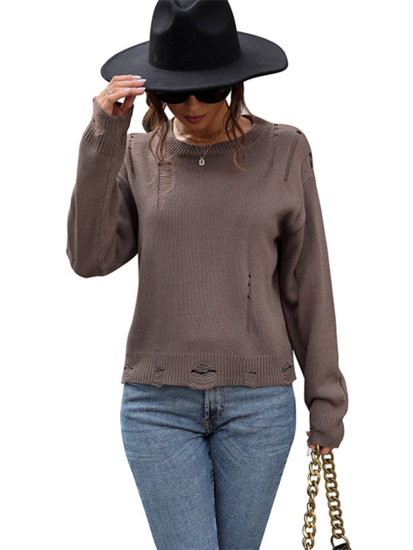 New women's solid color hollow sweater - Closther