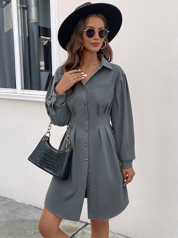 Women's Button Long Sleeve Solid Color Shirt Dress - Closther