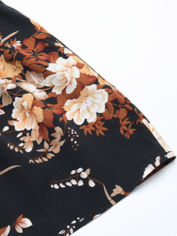 Damen-Herbstkleid mit Rüschengürtel und Print 
